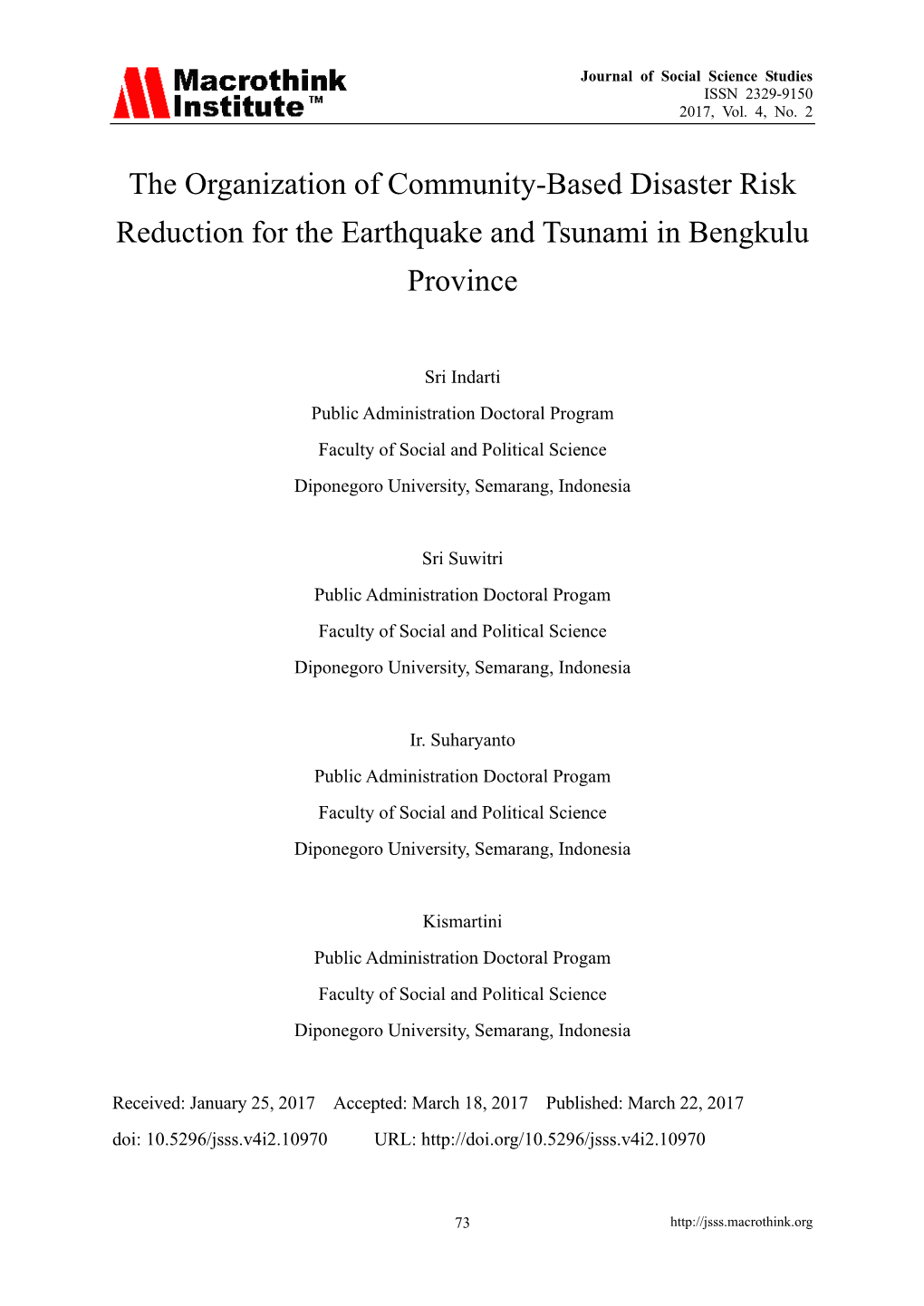 The Organization of Community-Based Disaster Risk Reduction for the Earthquake and Tsunami in Bengkulu Province