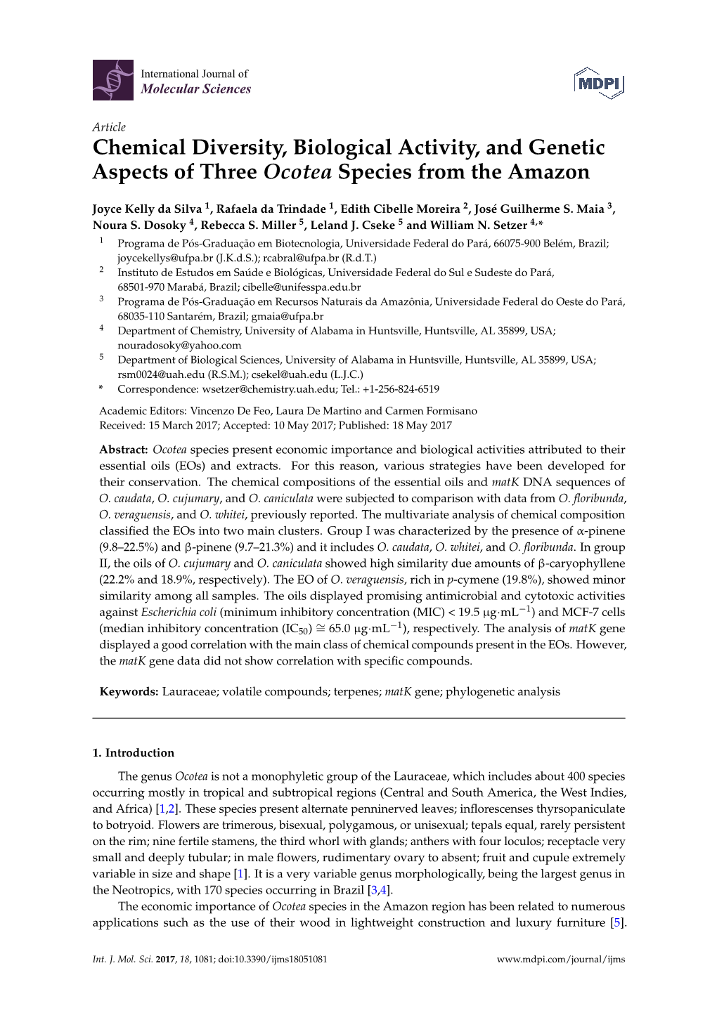 Chemical Diversity, Biological Activity, and Genetic Aspects of Three Ocotea Species from the Amazon