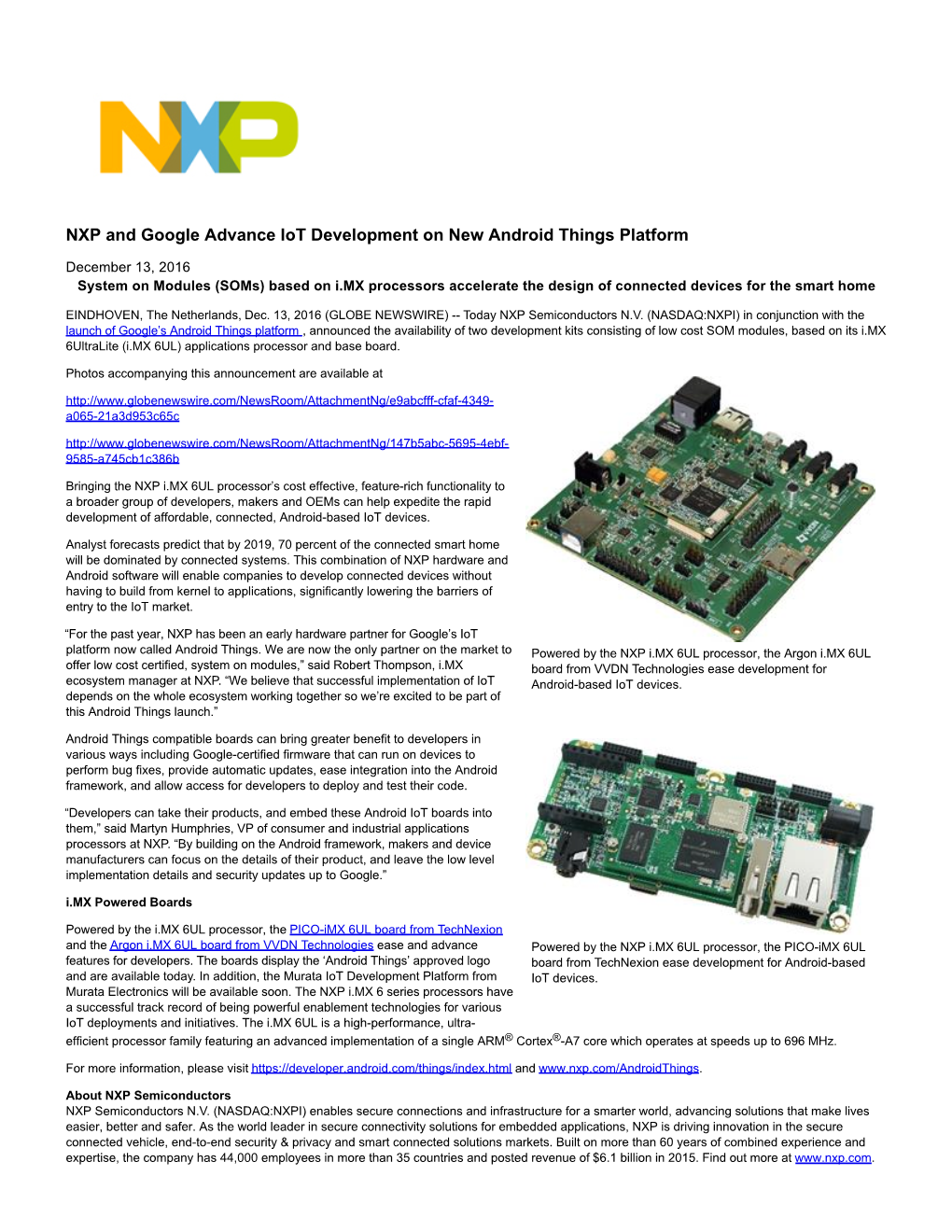 NXP and Google Advance Iot Development on New Android Things Platform