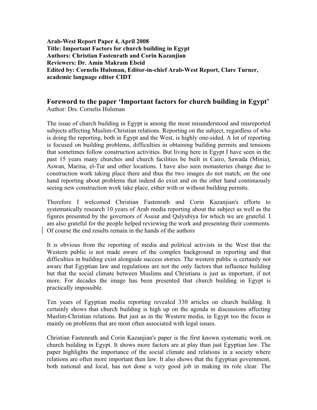 Foreword to the Paper 'Important Factors for Church Building in Egypt'