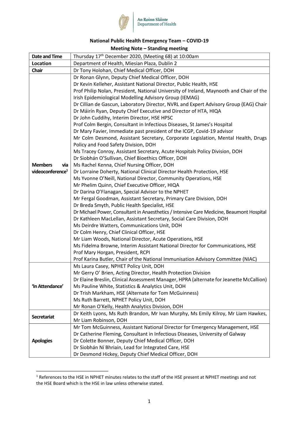 1 National Public Health Emergency Team – COVID-19 Meeting Note