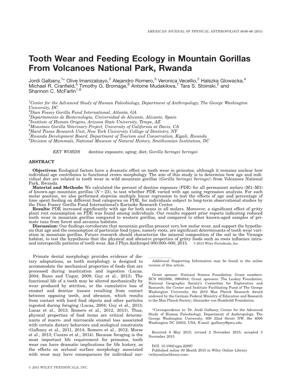 Tooth Wear and Feeding Ecology in Mountain Gorillas from Volcanoes National Park, Rwanda