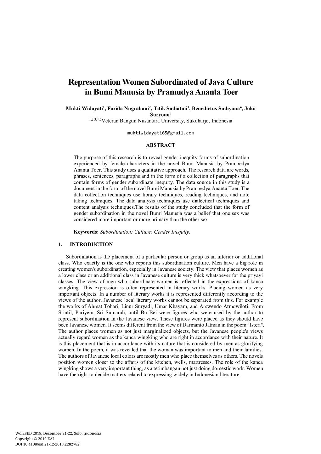 Representation Women Subordinated of Java Culture in Bumi Manusia by Pramudya Ananta Toer