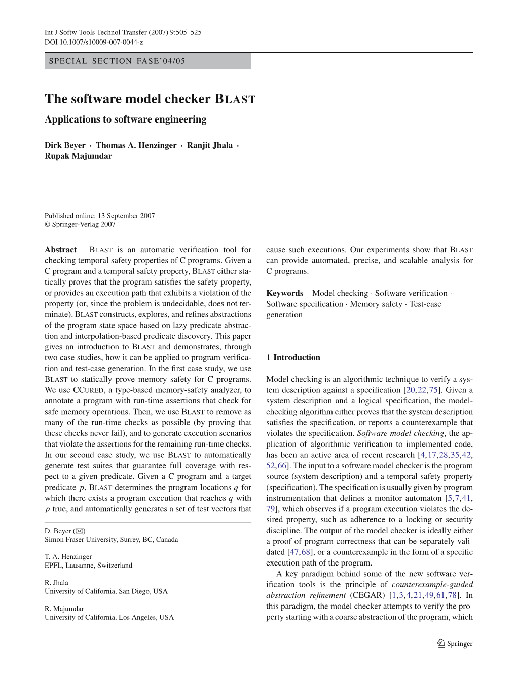 The Software Model Checker BLAST Applications to Software Engineering