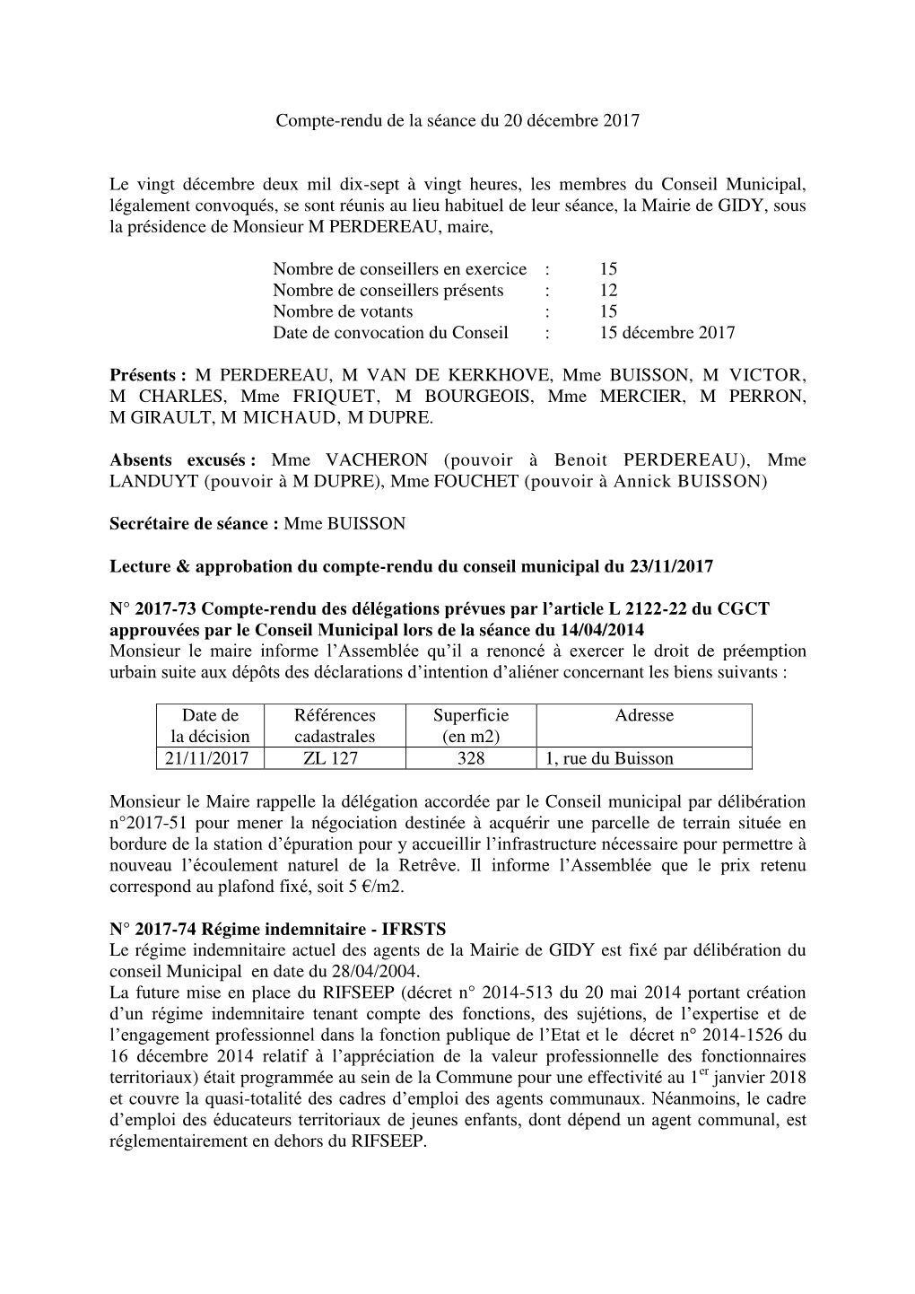 Compte-Rendu De La Séance Du 20 Décembre 2017 Le Vingt Décembre