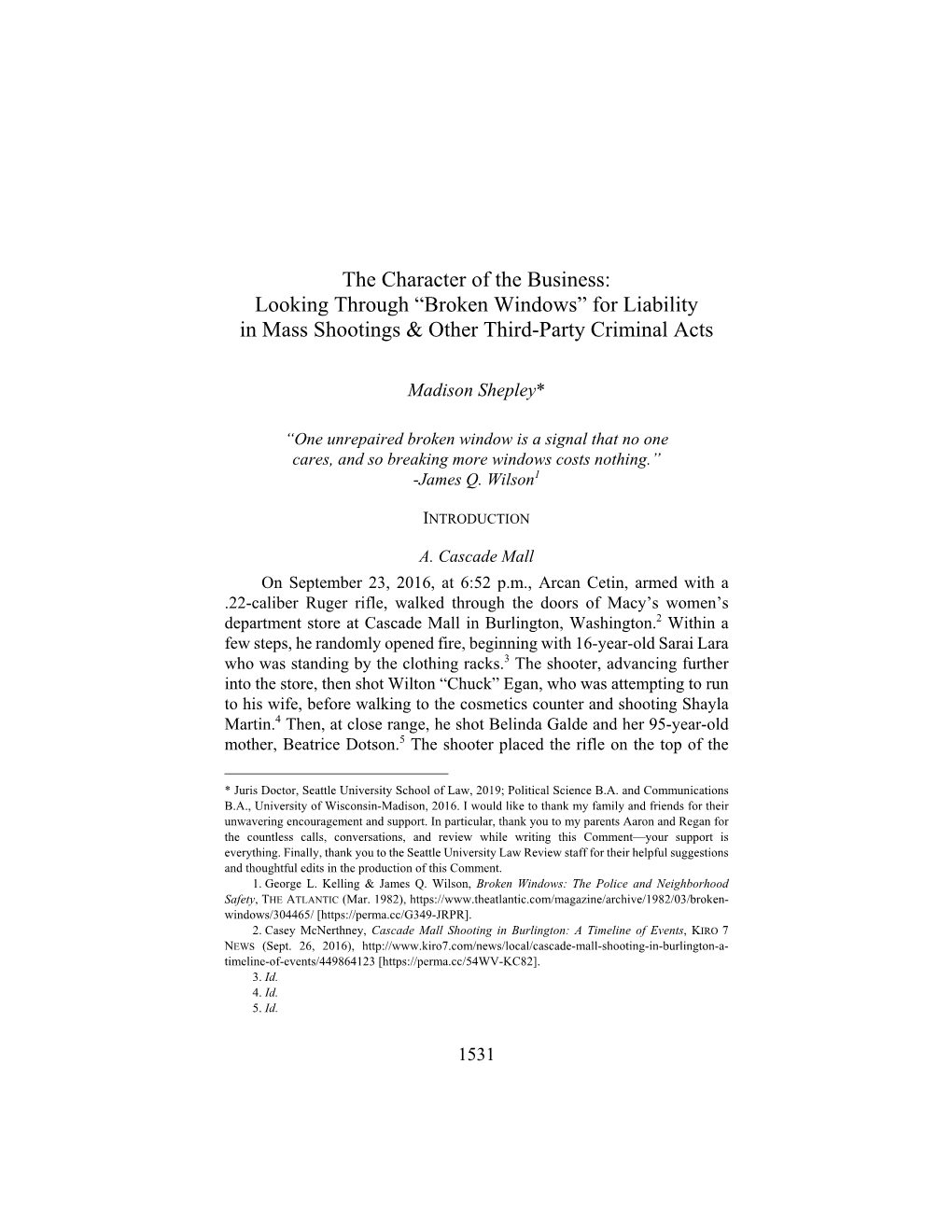 Looking Through “Broken Windows” for Liability in Mass Shootings & Other Third-Party Criminal Acts