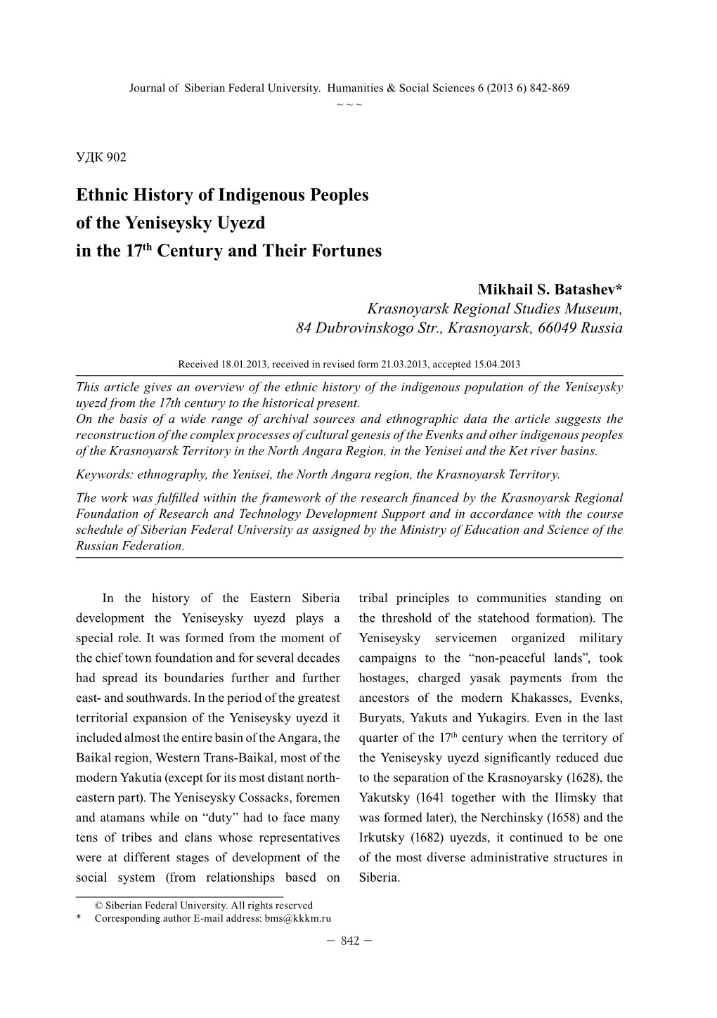 Ethnic History of Indigenous Peoples of the Yeniseysky Uyezd in the 17Th Century and Their Fortunes