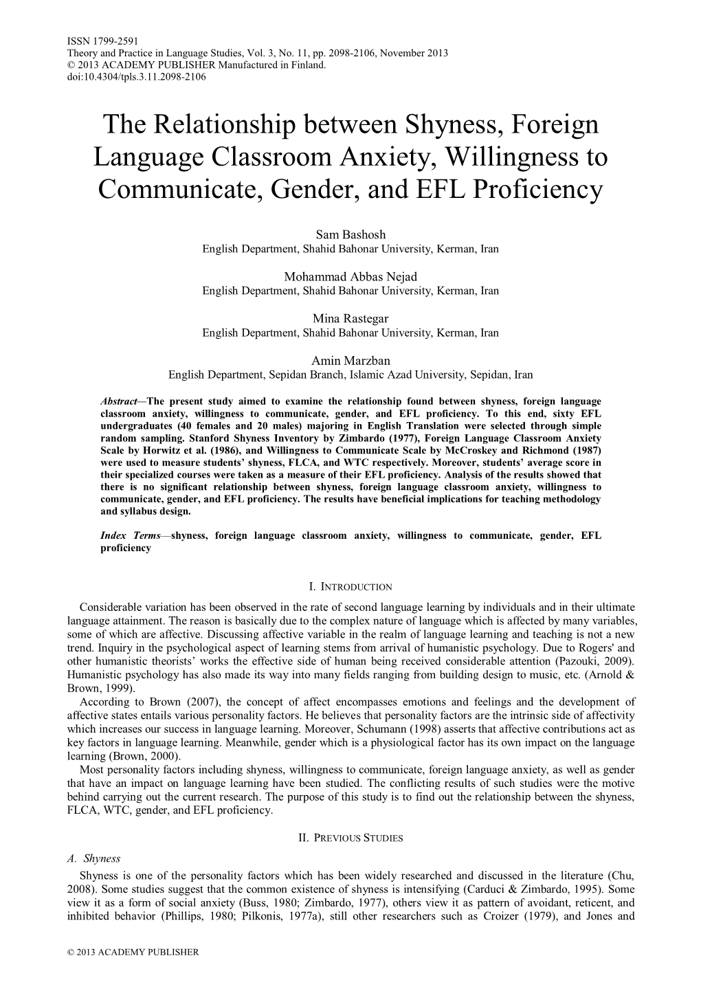 The Relationship Between Shyness, Foreign Language Classroom Anxiety, Willingness to Communicate, Gender, and EFL Proficiency