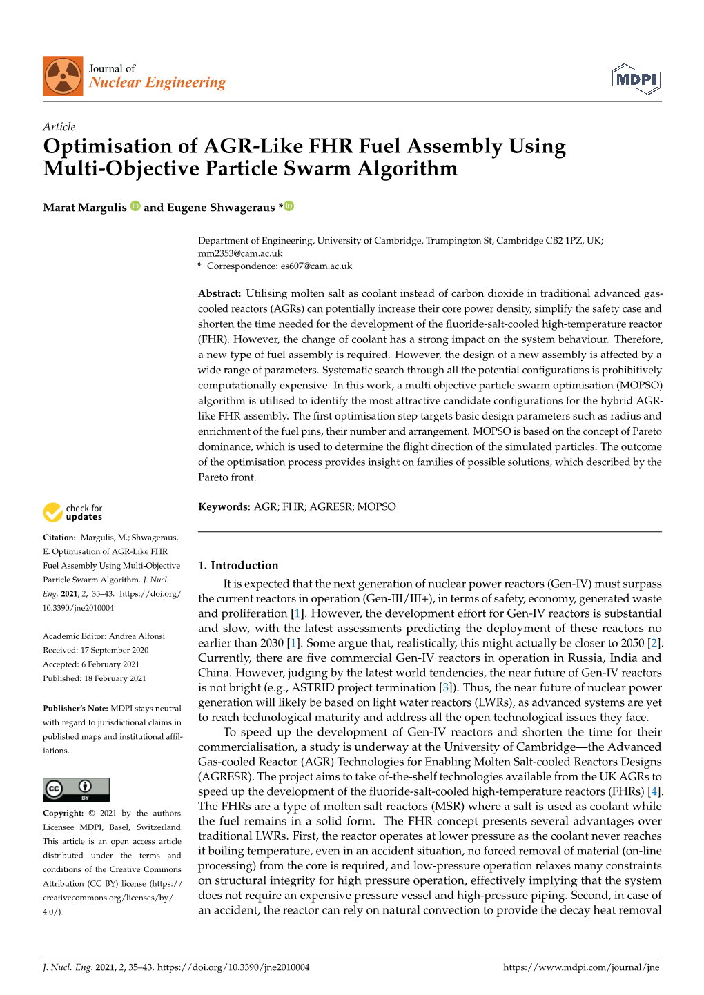 Optimisation of AGR-Like FHR Fuel Assembly Using Multi-Objective Particle Swarm Algorithm