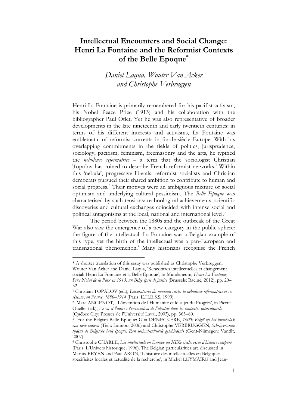 Henri La Fontaine and the Reformist Contexts of the Belle Epoque*