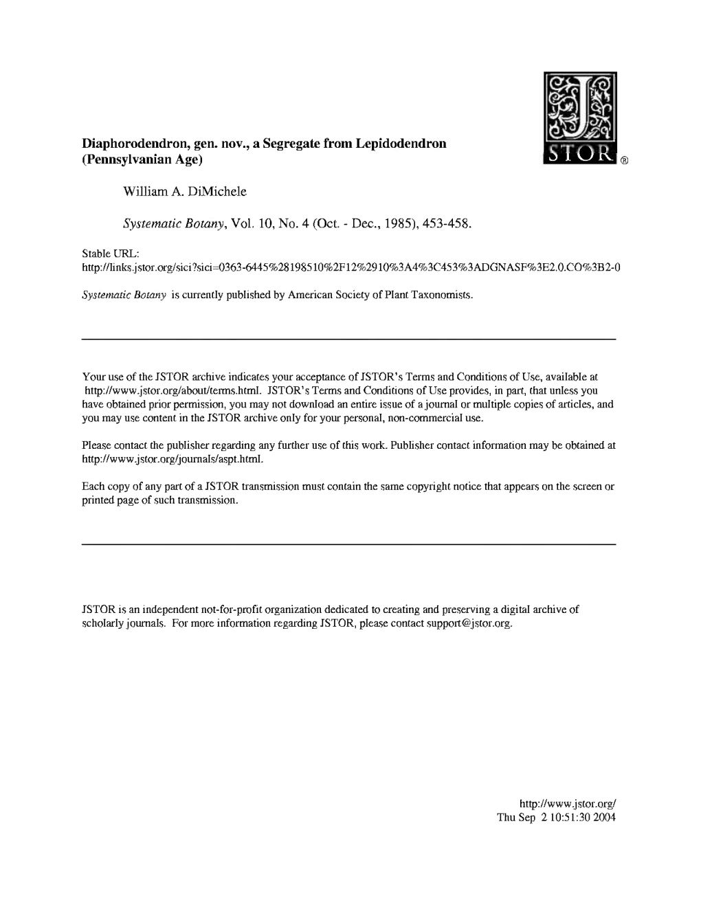 Diaphorodendron, Gen. Nov., a Segregate from Lepidodendron (Peiiiisylvaiiian Age) William A. Dimichele Systematic Botany, Vol. 1