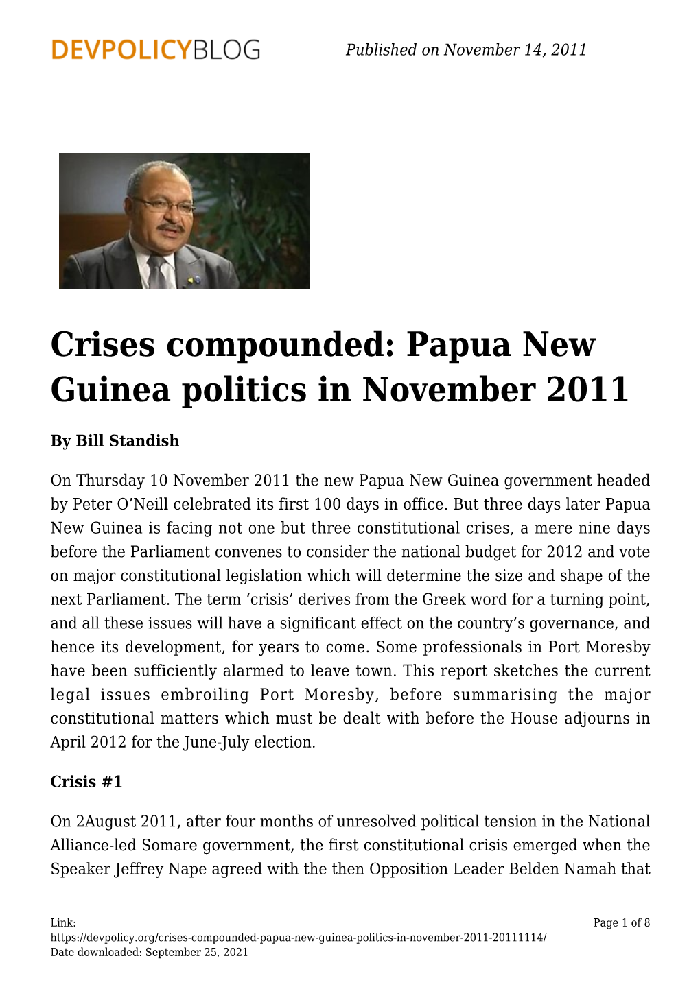 Crises Compounded: Papua New Guinea Politics in November 2011