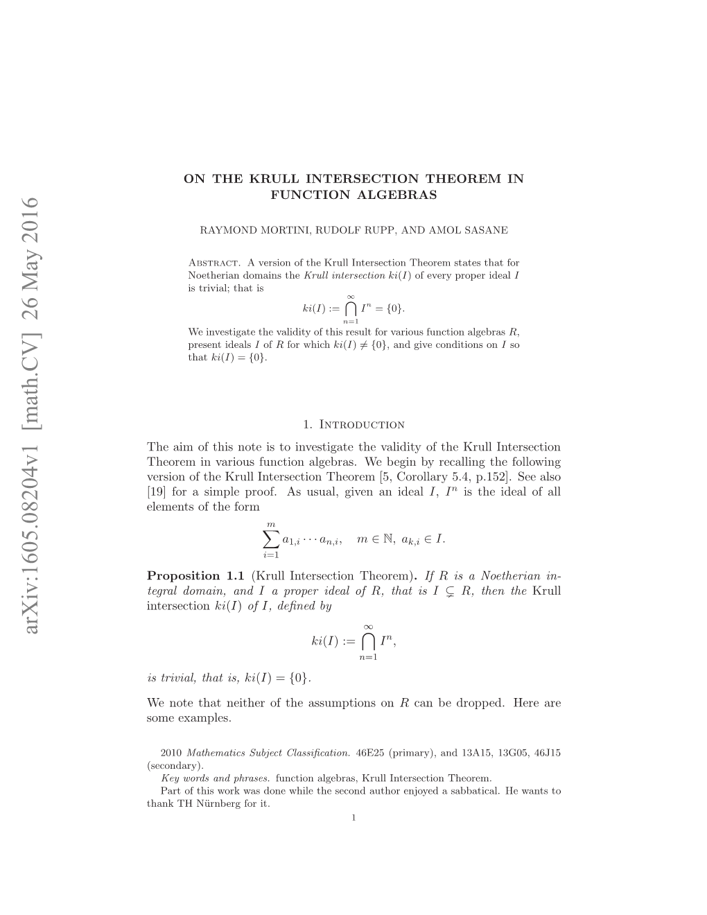 On the Krull Intersection Theorem in Function Algebras