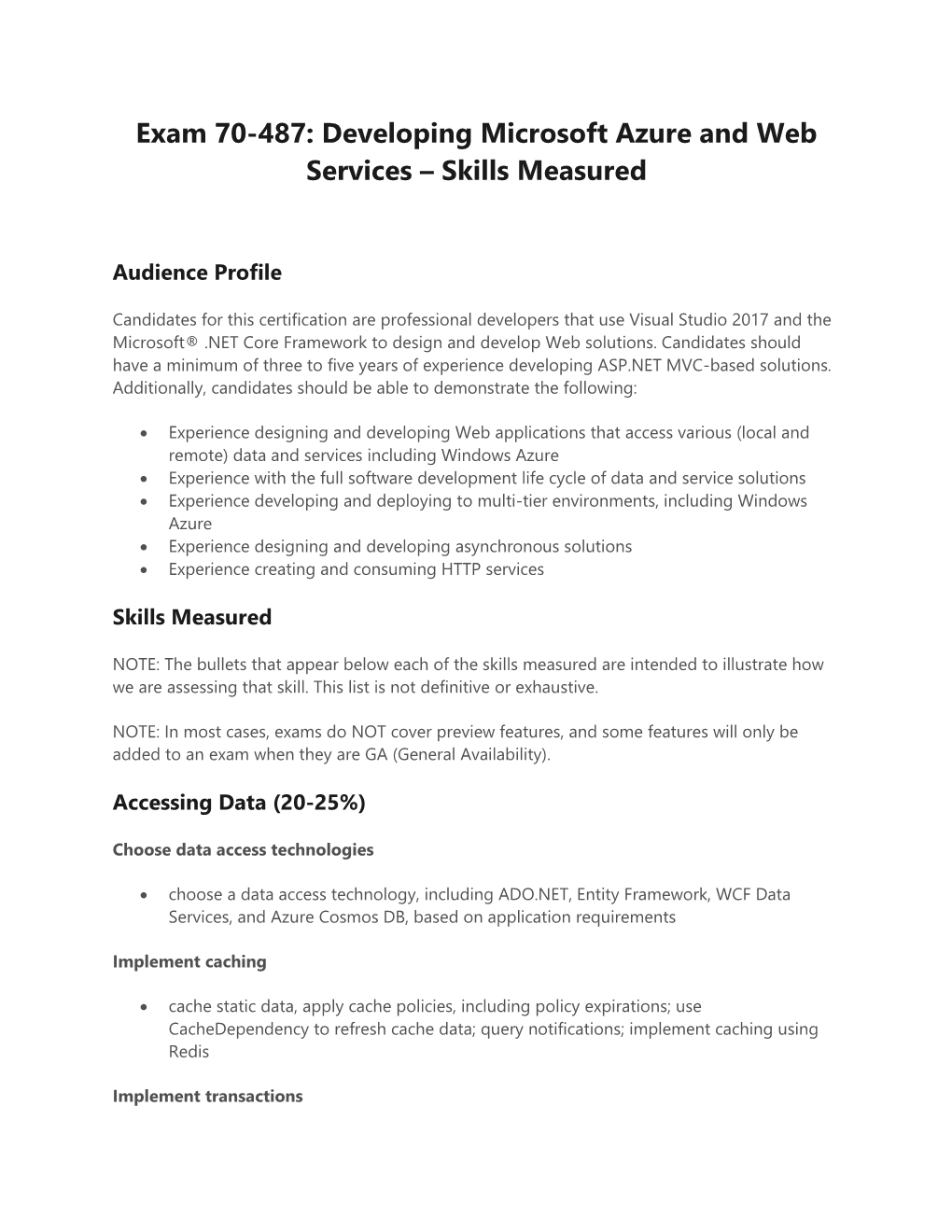 Exam 70-487: Developing Microsoft Azure and Web Services – Skills Measured