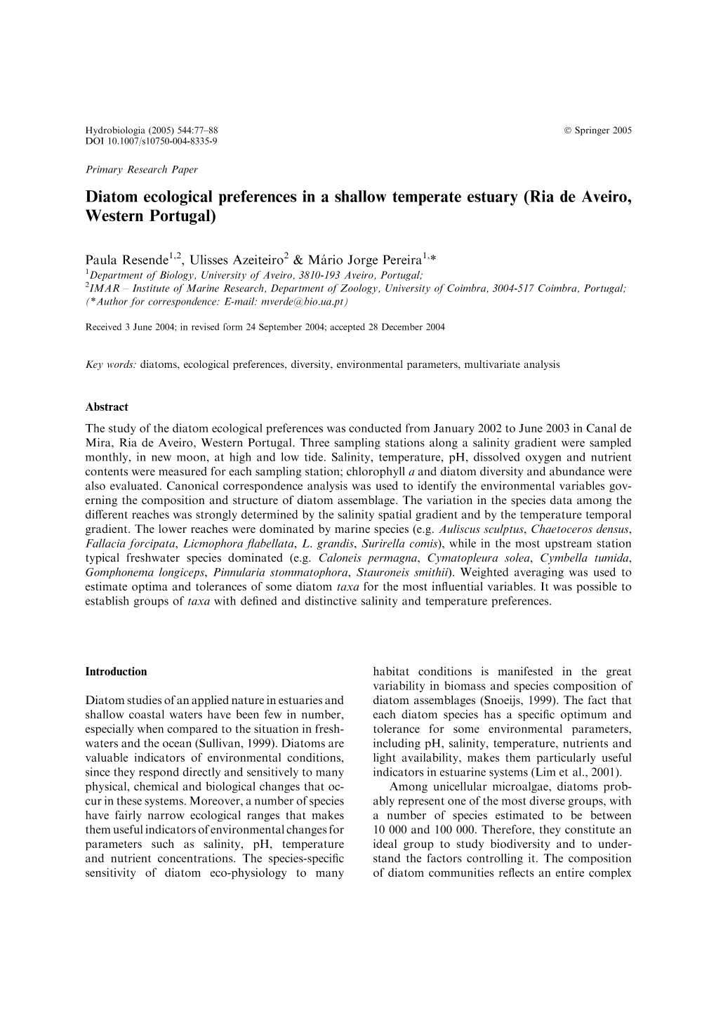 Diatom Ecological Preferences in a Shallow Temperate Estuary (Ria De Aveiro, Western Portugal)