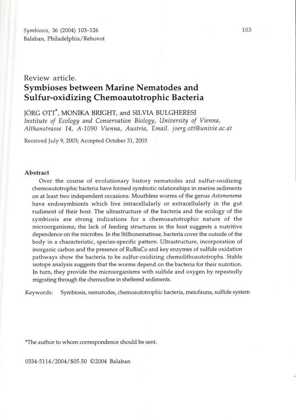 Symbioses Between Marine Nematodes and Sulfur-Oxidizing Chemoautotrophic Bacteria