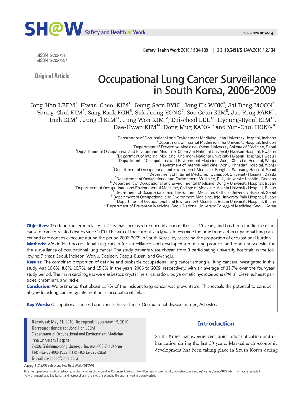 Occupational Lung Cancer Surveillance in South Korea, 2006