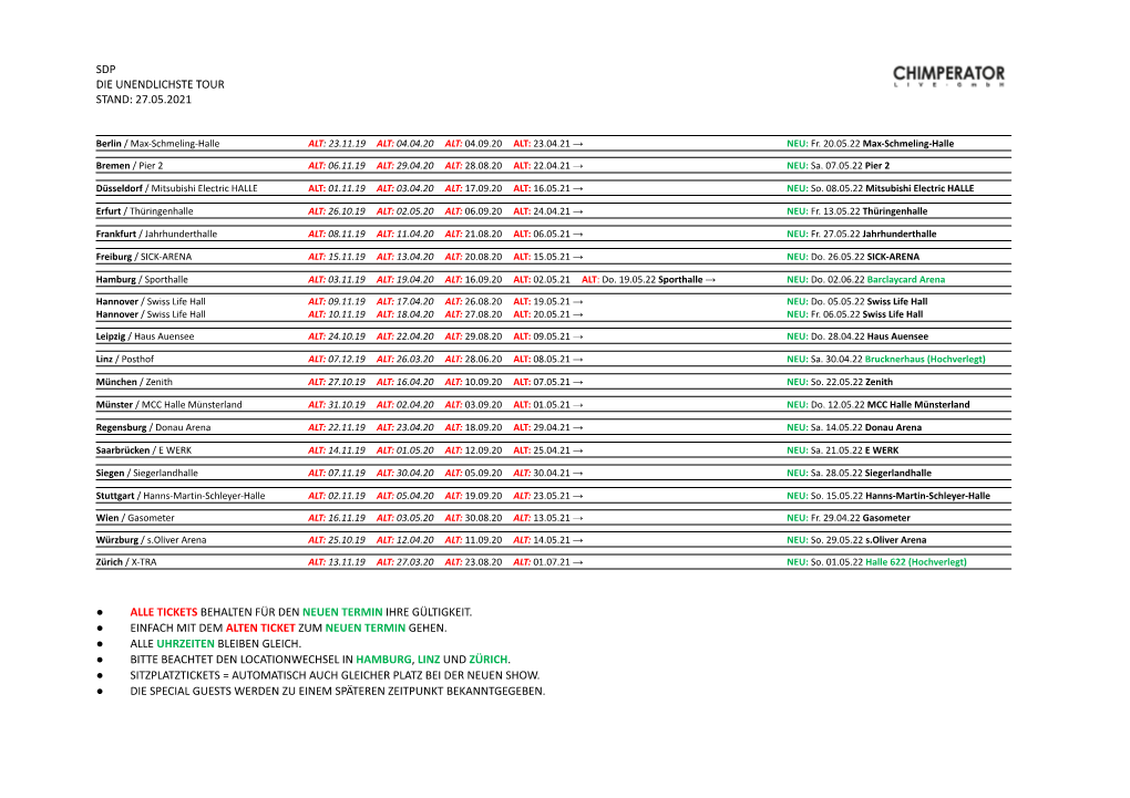 Sdp Die Unendlichste Tour Stand: 27.05.2021 Alle Tickets