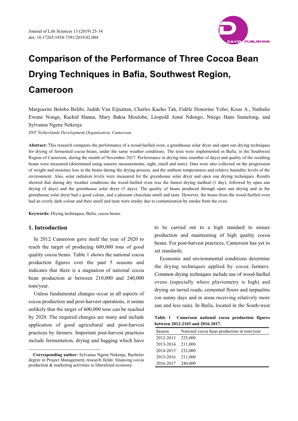Comparison of the Performance of Three Cocoa Bean Drying Techniques in Bafia, Southwest Region, Cameroon