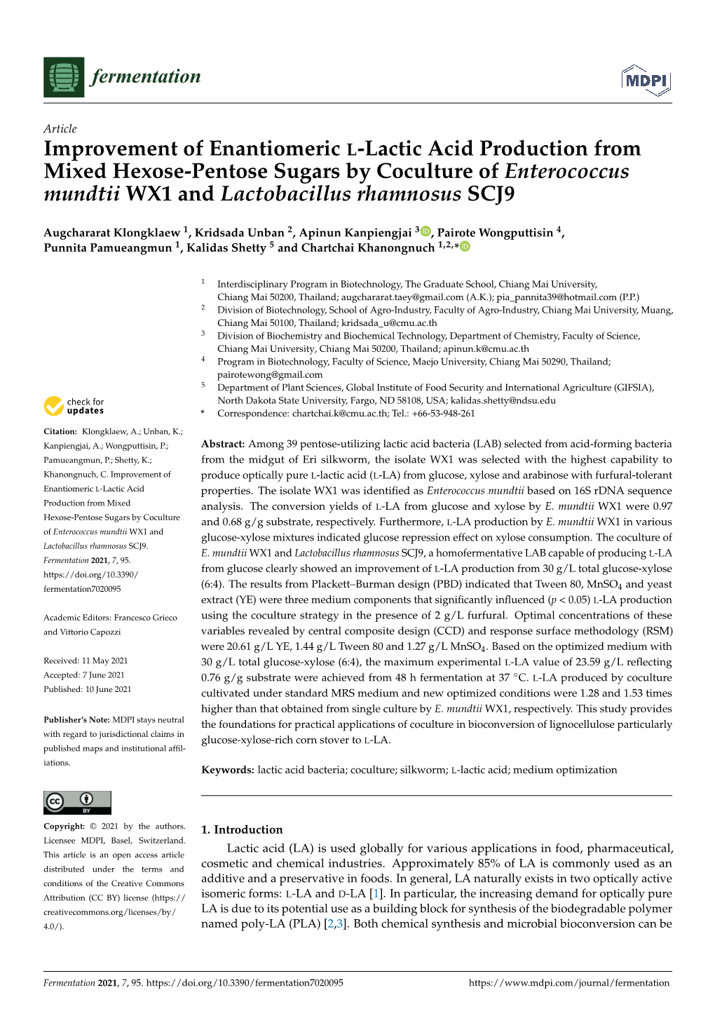 Improvement of Enantiomeric L-Lactic Acid Production from Mixed Hexose-Pentose Sugars by Coculture of Enterococcus Mundtii WX1 and Lactobacillus Rhamnosus SCJ9