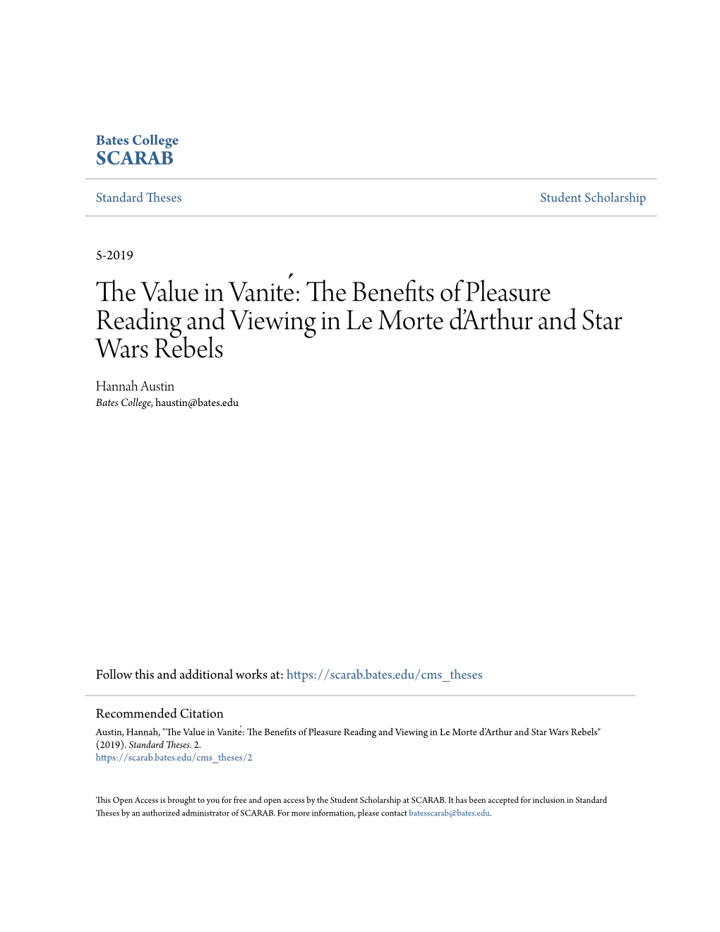 The Value in Vanité: the Benefits of Pleasure Reading and Viewing in Le Morte D'arthur and Star Wars Rebels