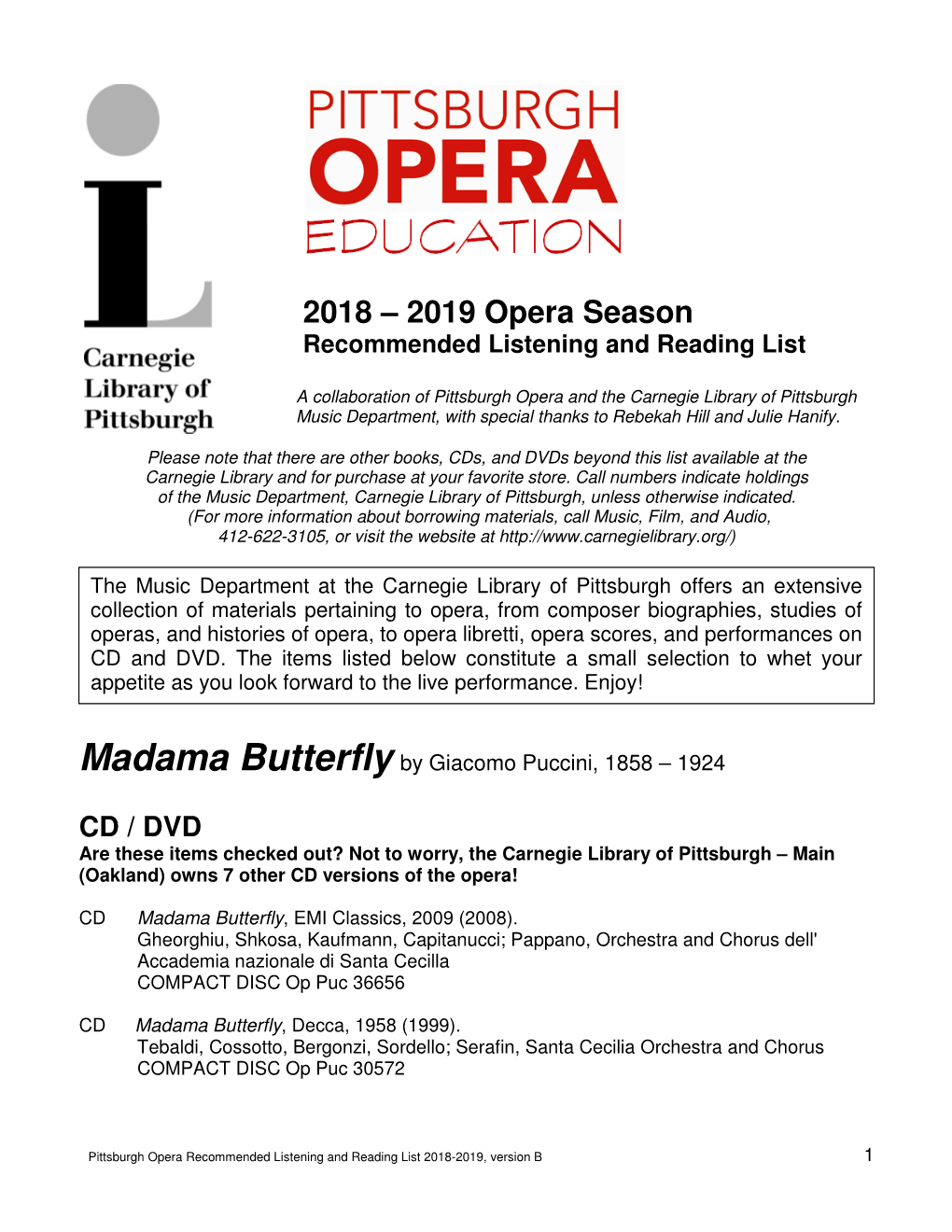 2018 – 2019 Opera Season Recommended Listening and Reading List