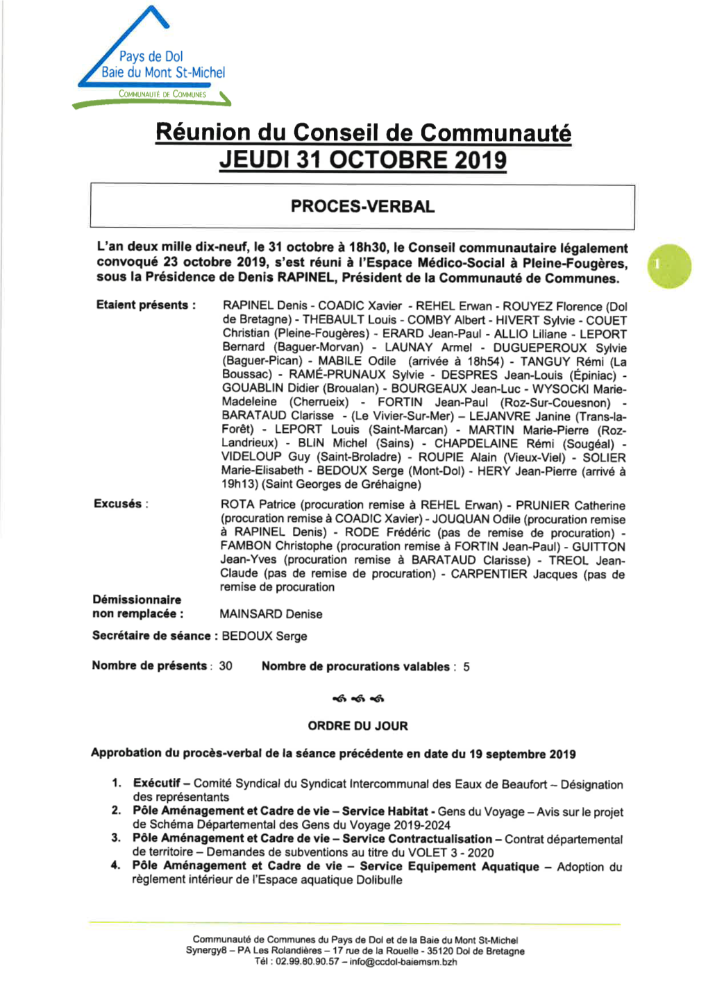 Réunion Du Conseil De Gommunauté JEUDI 31 Octobre 2019