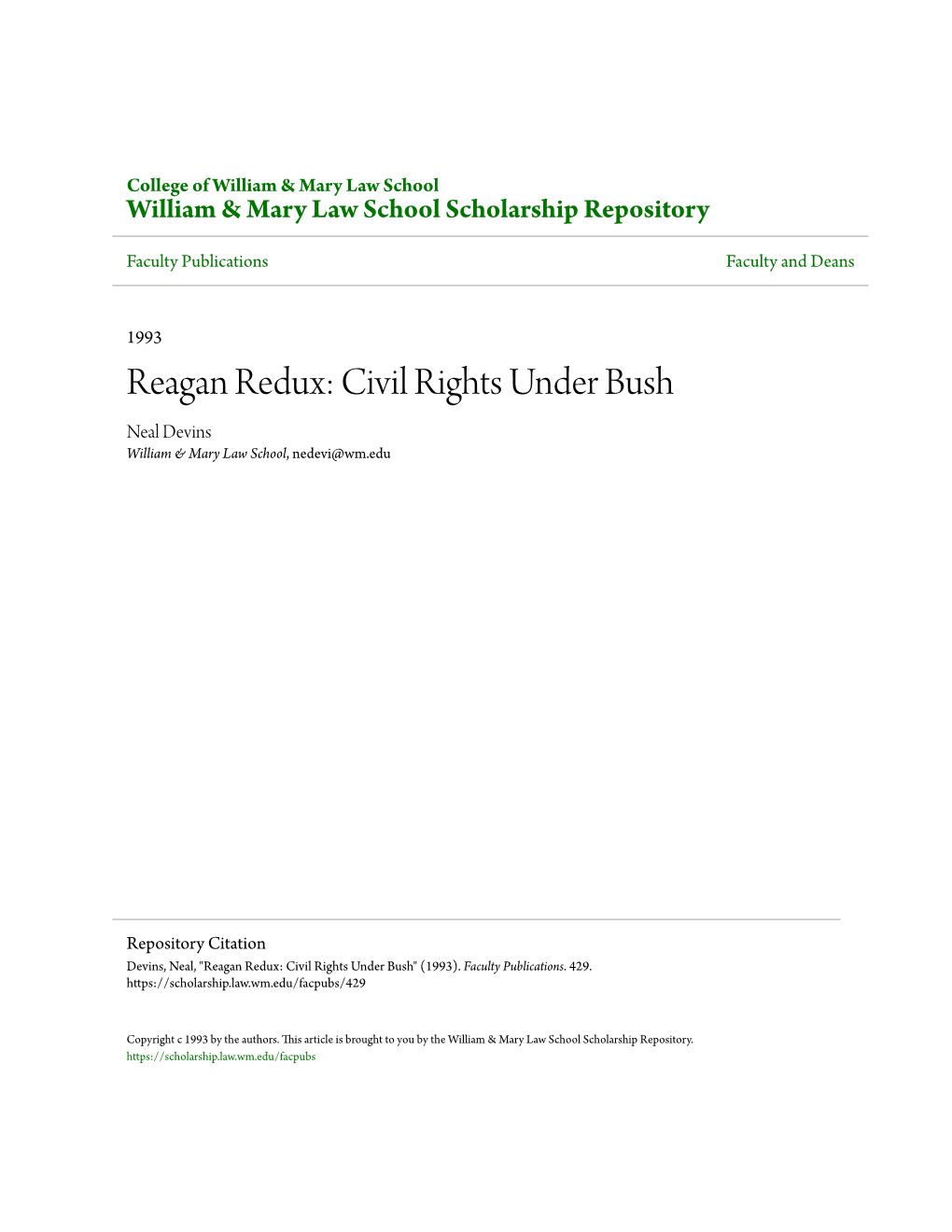 Reagan Redux: Civil Rights Under Bush Neal Devins William & Mary Law School, Nedevi@Wm.Edu