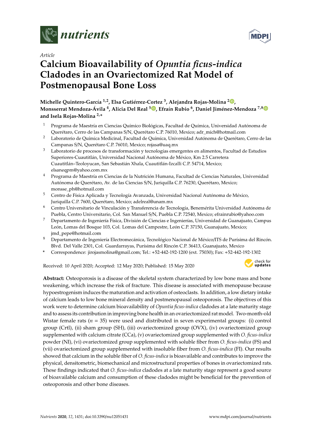 Calcium Bioavailability of Opuntia Ficus-Indica Cladodes in An