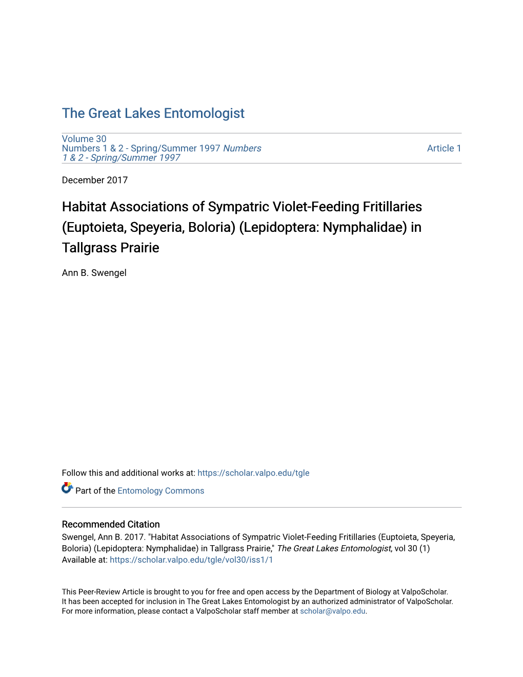 Habitat Associations of Sympatric Violet-Feeding Fritillaries (Euptoieta, Speyeria, Boloria) (Lepidoptera: Nymphalidae) in Tallgrass Prairie