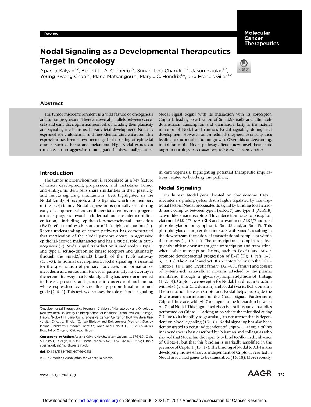 Nodal Signaling As a Developmental Therapeutics Target in Oncology Aparna Kalyan1,2, Benedito A
