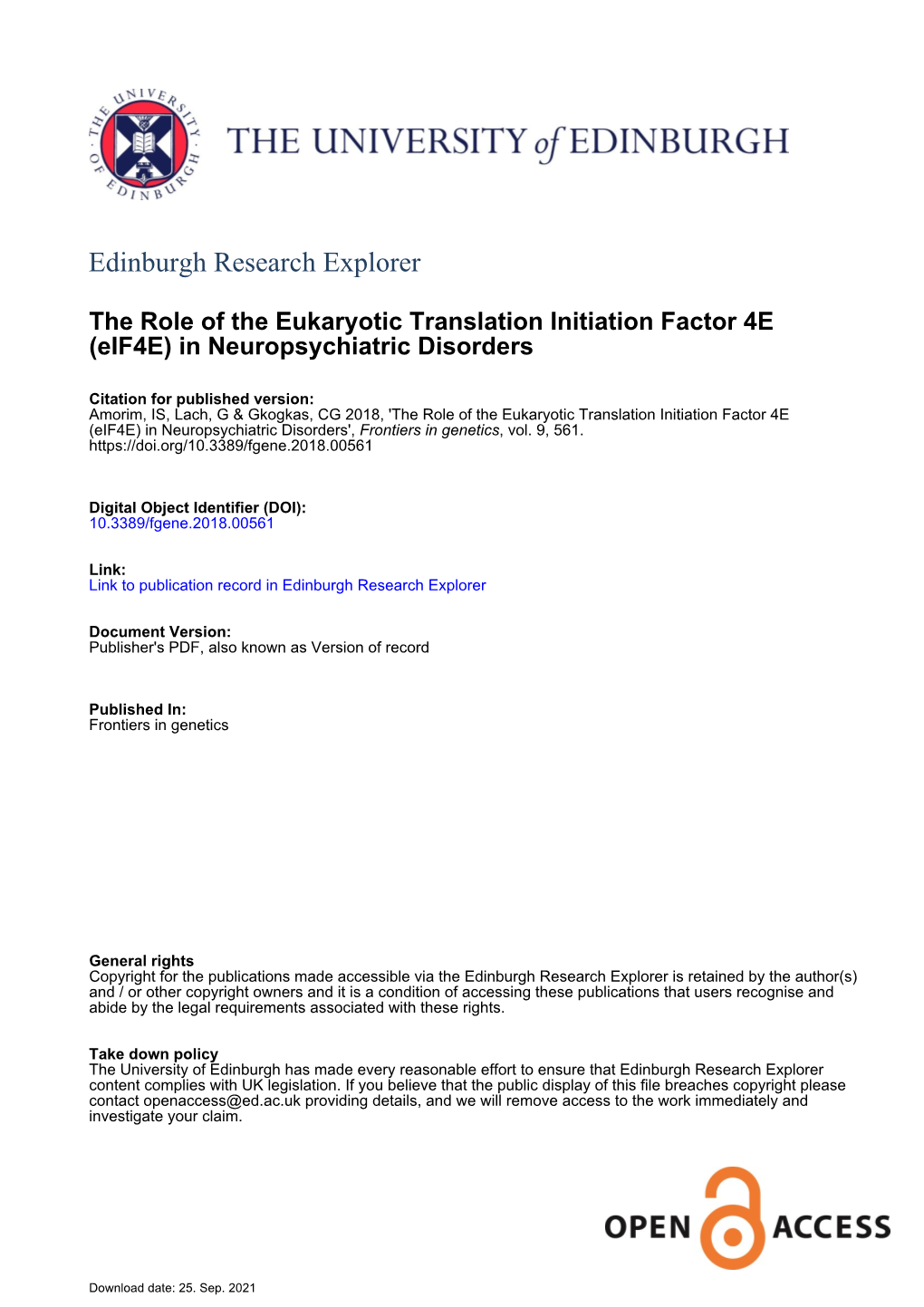 The Role of the Eukaryotic Translation Initiation Factor 4E (Eif4e) in Neuropsychiatric Disorders', Frontiers in Genetics, Vol