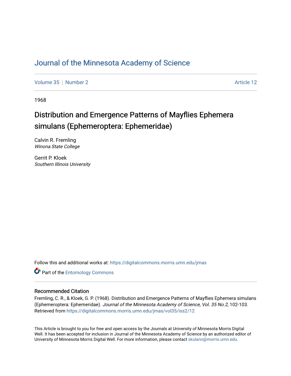 Distribution and Emergence Patterns of Mayflies Ephemera Simulans (Ephemeroptera: Ephemeridae)