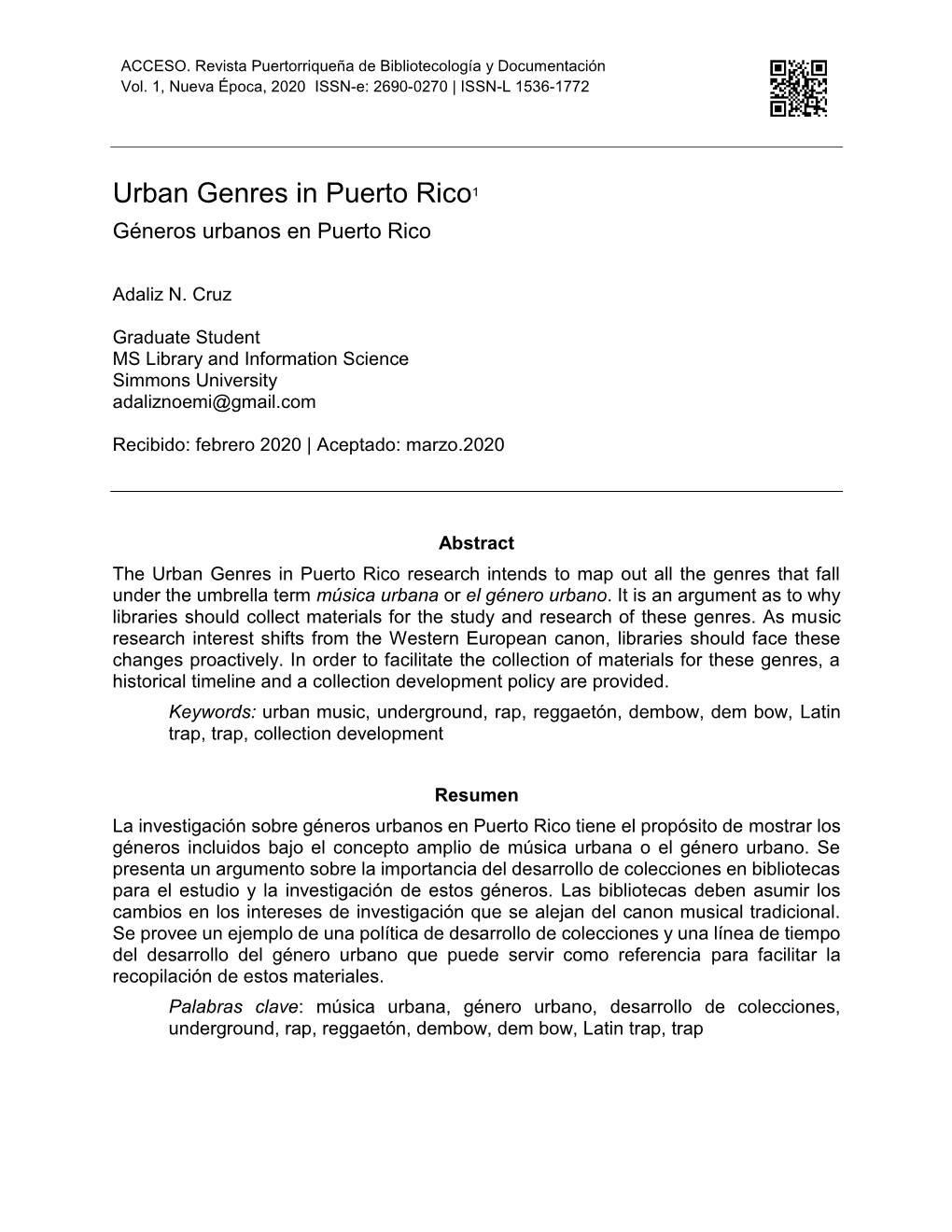 Urban Genres in Puerto Rico1 Géneros Urbanos En Puerto Rico