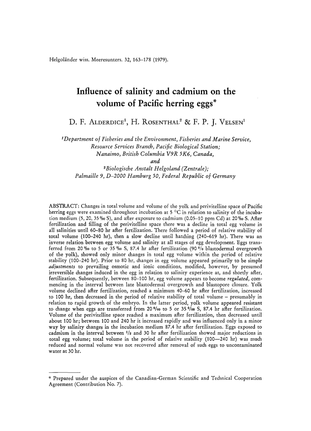 Influence of Salinity and Cadmium on the Volume of Pacific Herring Eggs