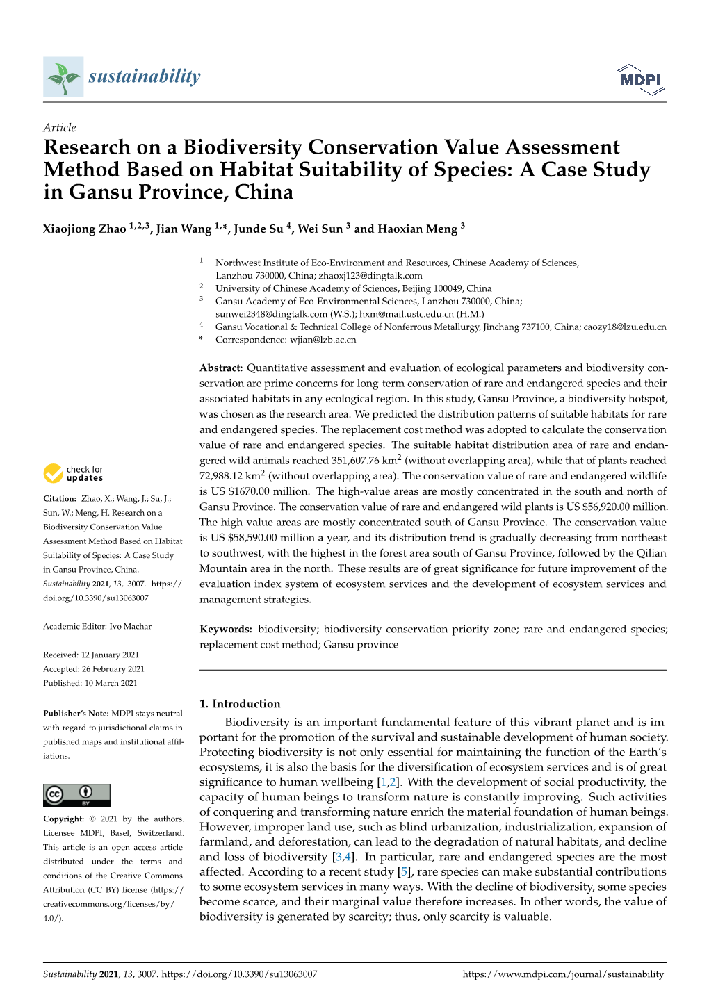 Research on a Biodiversity Conservation Value Assessment Method Based on Habitat Suitability of Species: a Case Study in Gansu Province, China