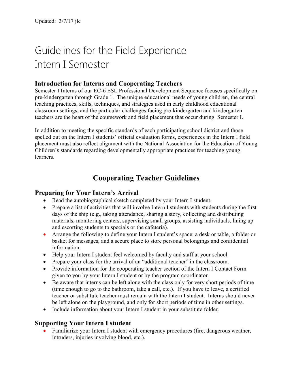 Guidelines for the Field Experience