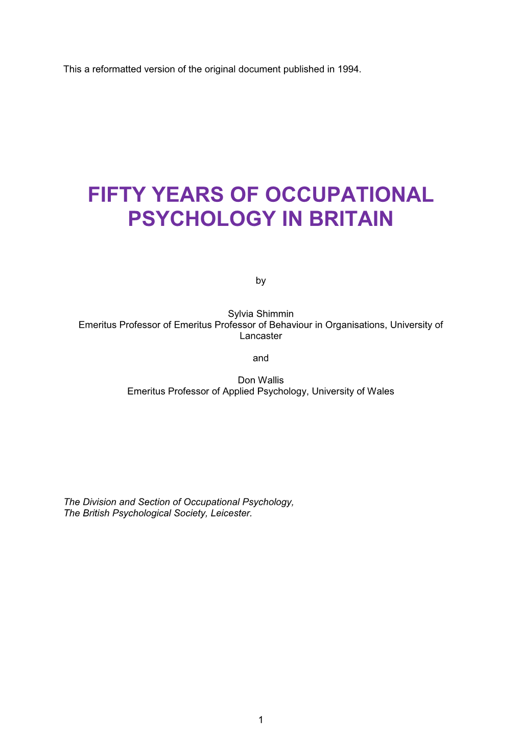 Fifty Years of Occupational Psychology in Britain