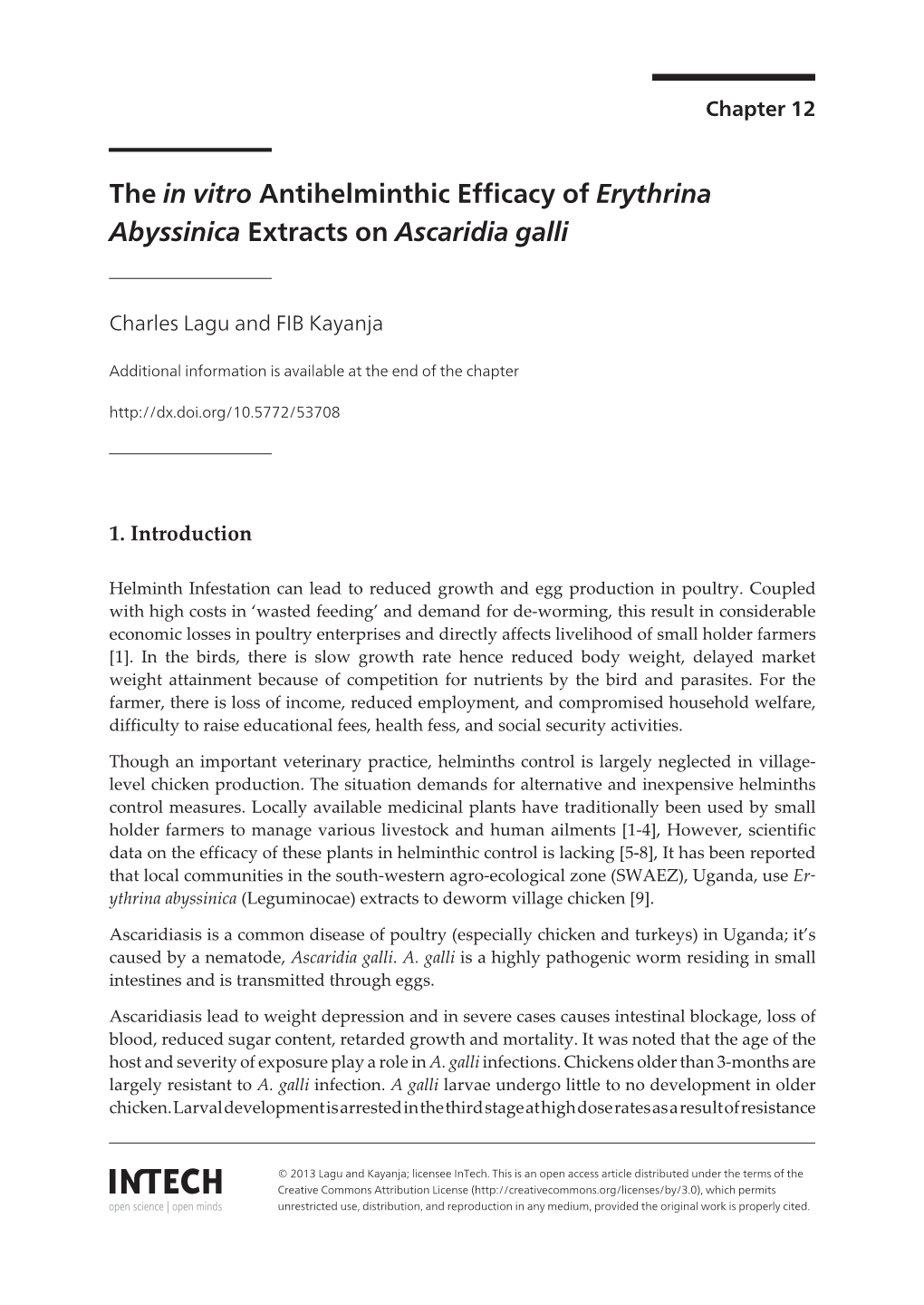 The in Vitro Antihelminthic Efficacy of Erythrina Abyssinica Extracts on Ascaridia Galli