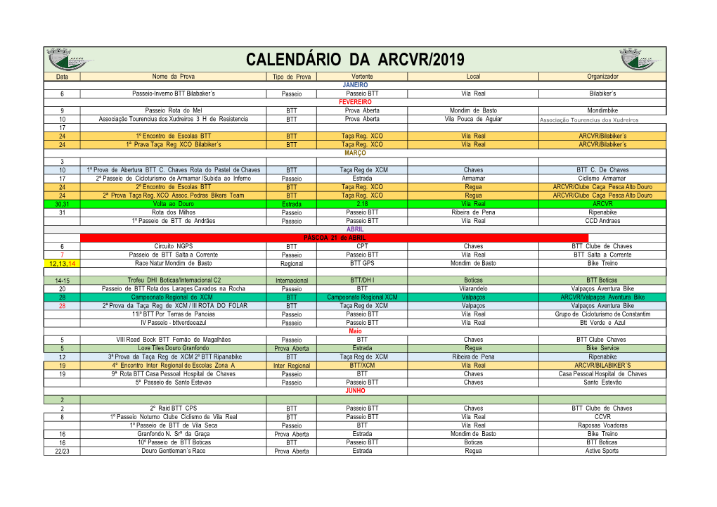 Calendário Da Arcvr/2019