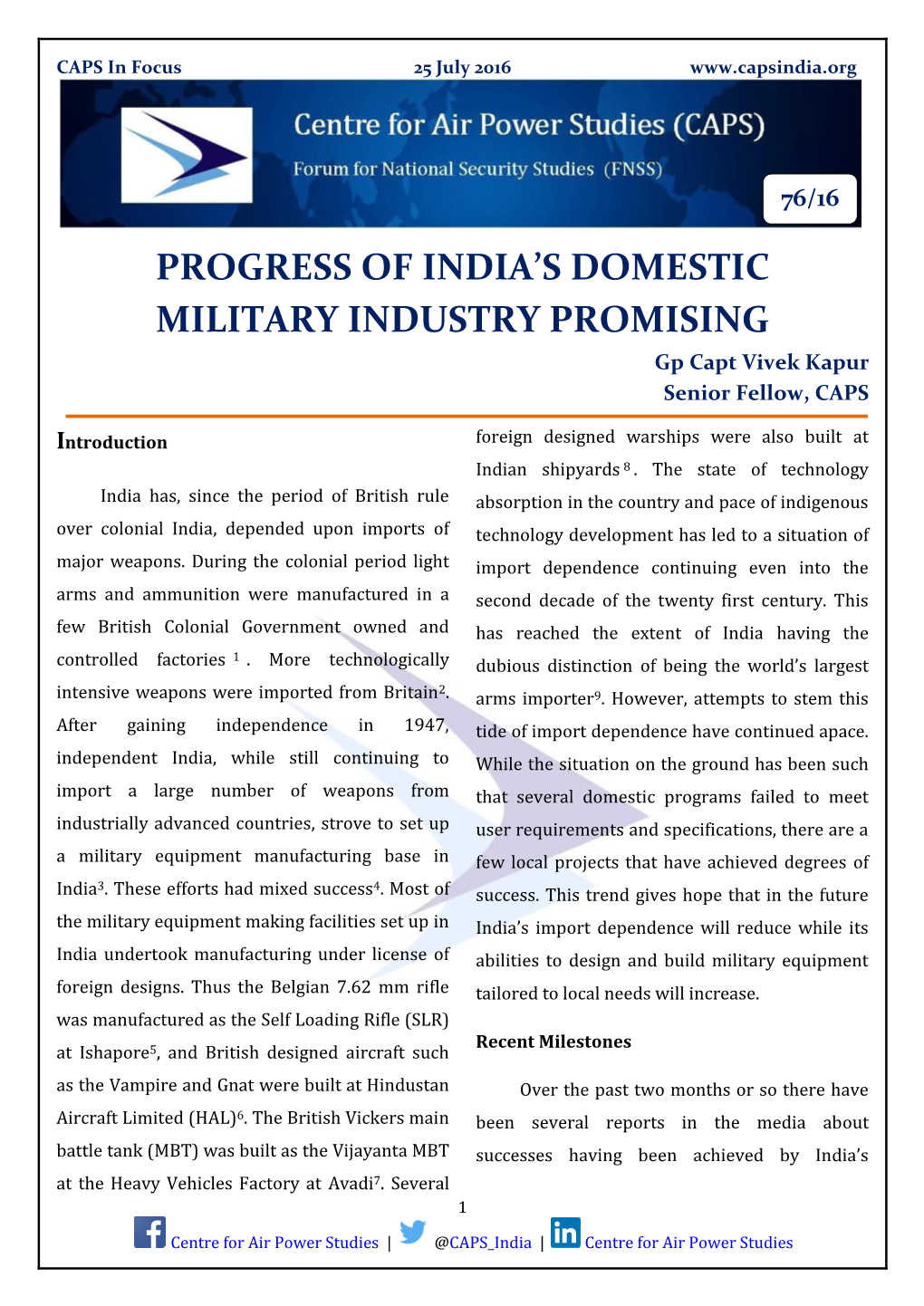 Progress of India's Domestic Military Industry Promising