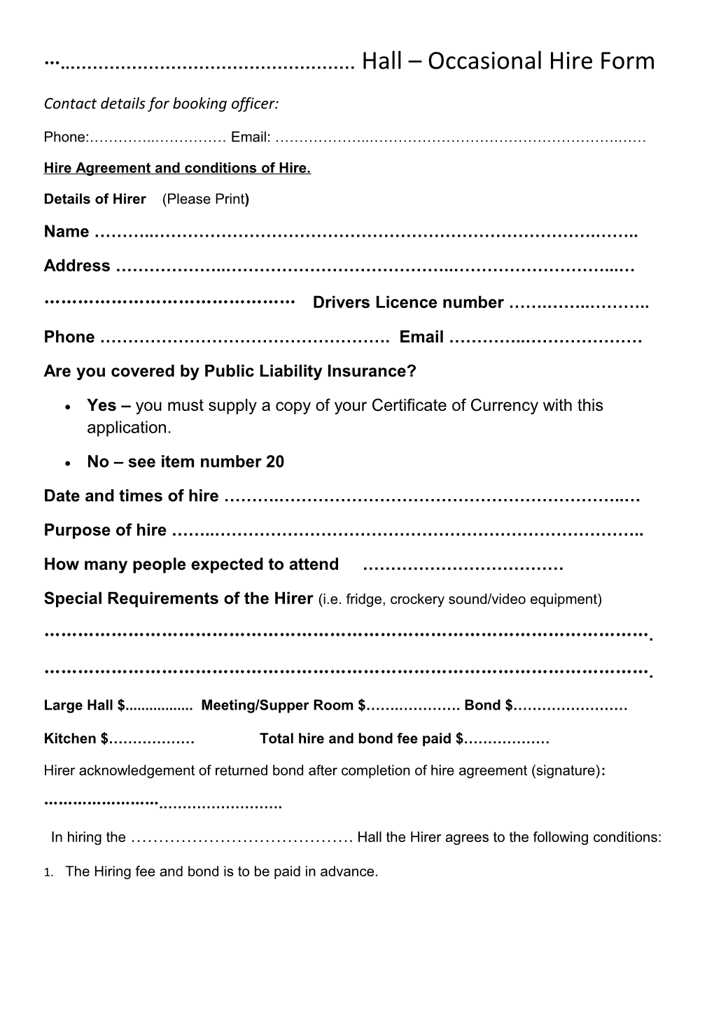 Hall Occasional Hire Form