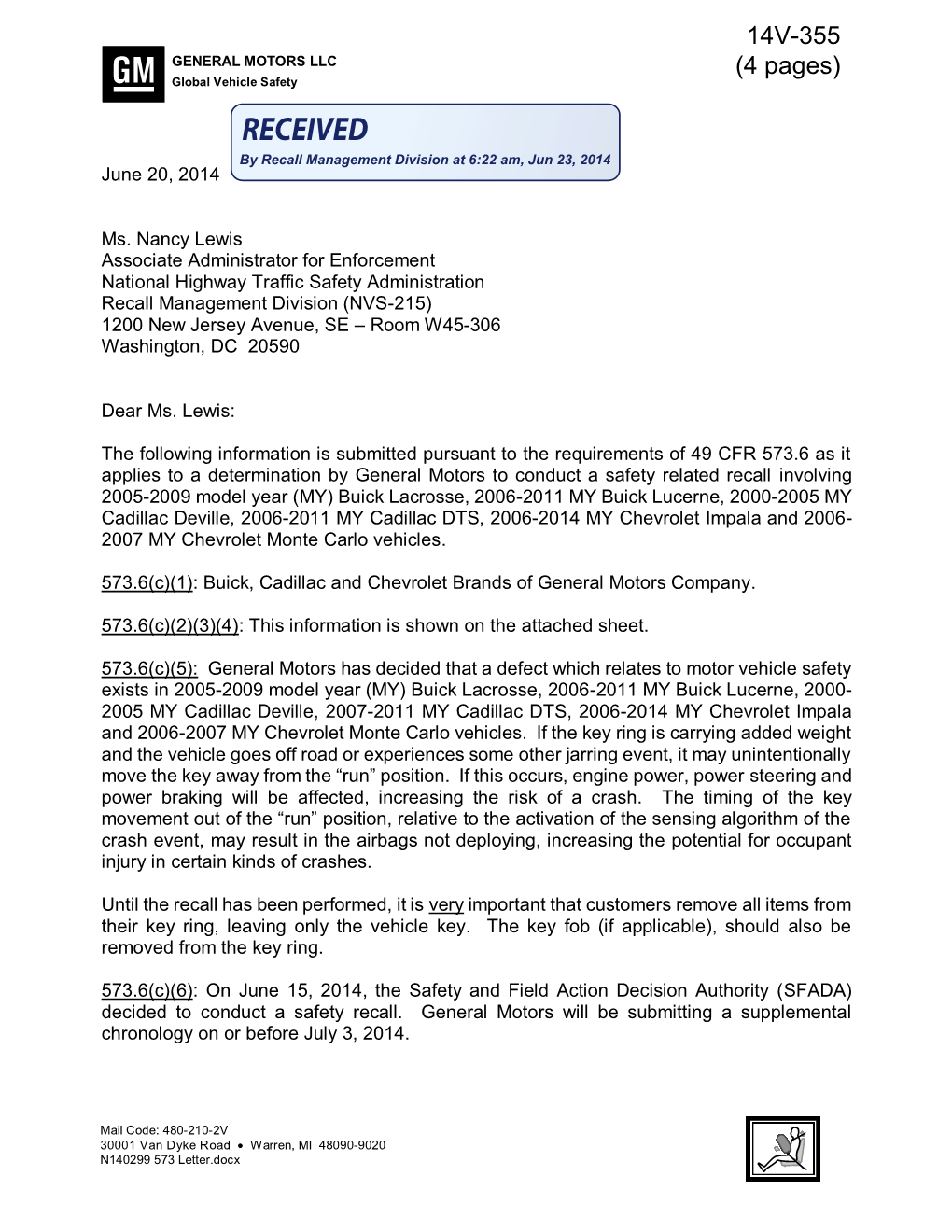 14V-355 GENERAL MOTORS LLC (4 Pages) Global Vehicle Safety