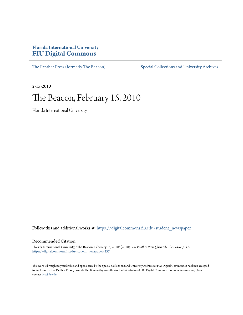 The Beacon, February 15, 2010 Florida International University