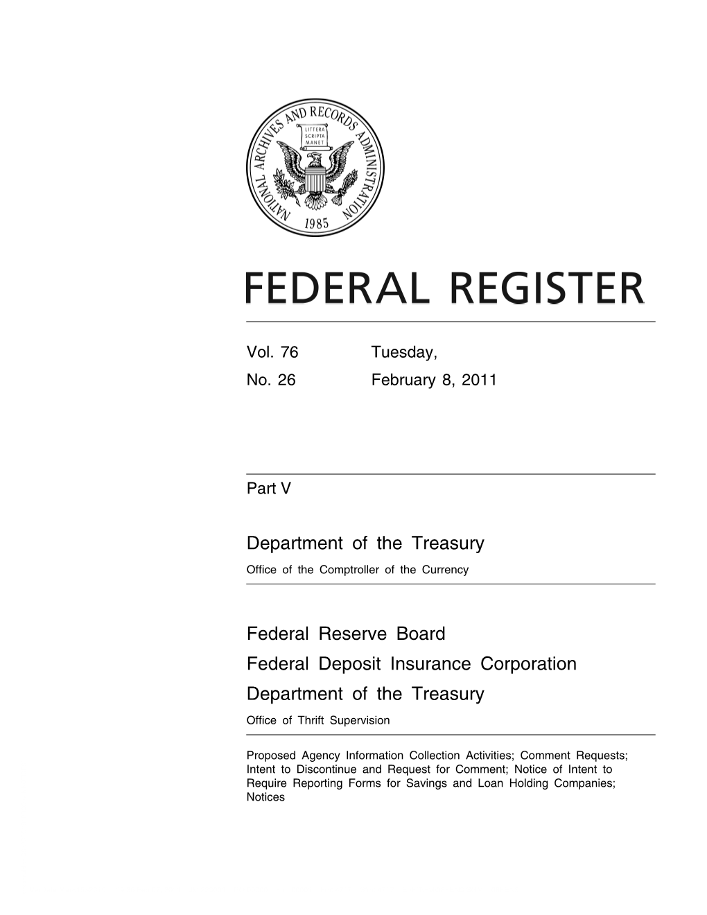 Department of the Treasury Federal Reserve Board Federal