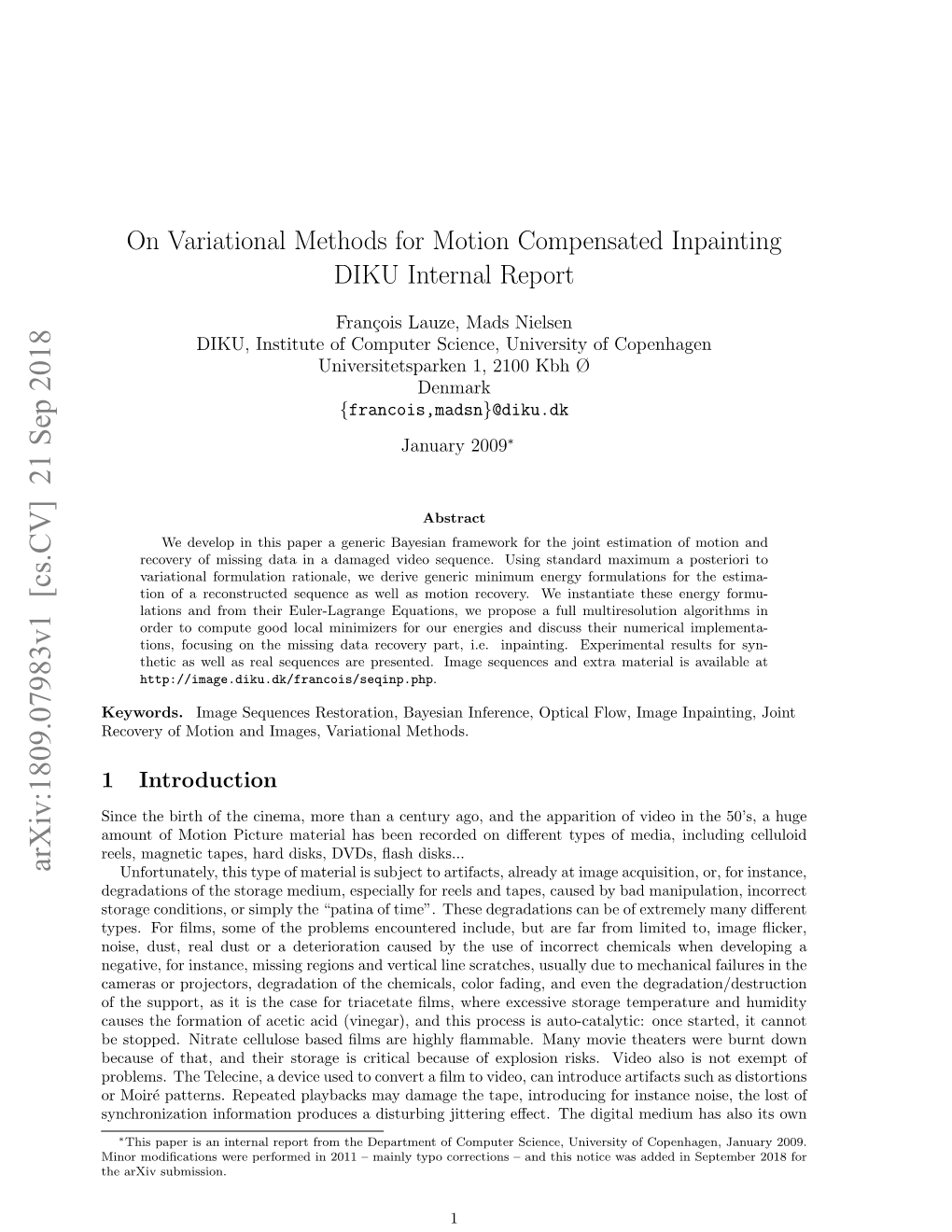 On Variational Methods for Motion Compensated Inpainting DIKU Internal Report