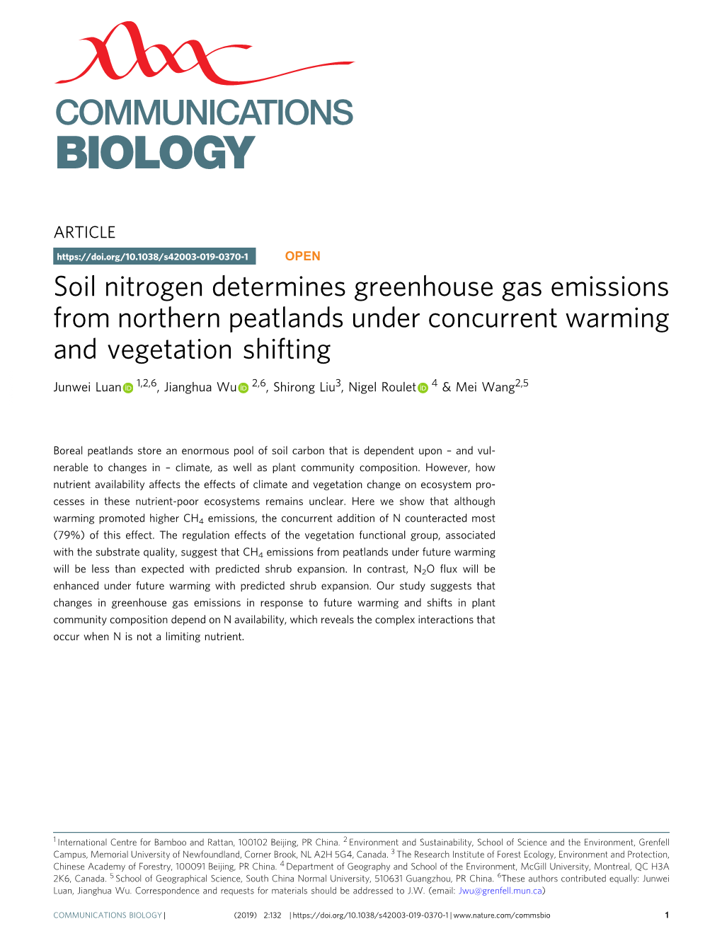 Soil Nitrogen Determines Greenhouse Gas Emissions from Northern Peatlands Under Concurrent Warming and Vegetation Shifting