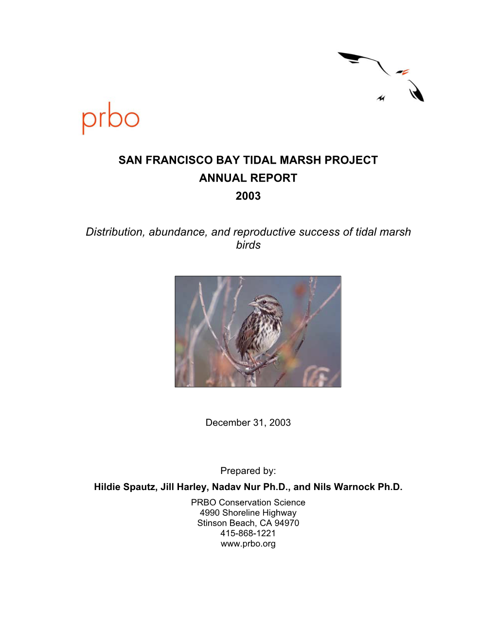 San Francisco Bay Tidal Marsh Project Annual Report 2003