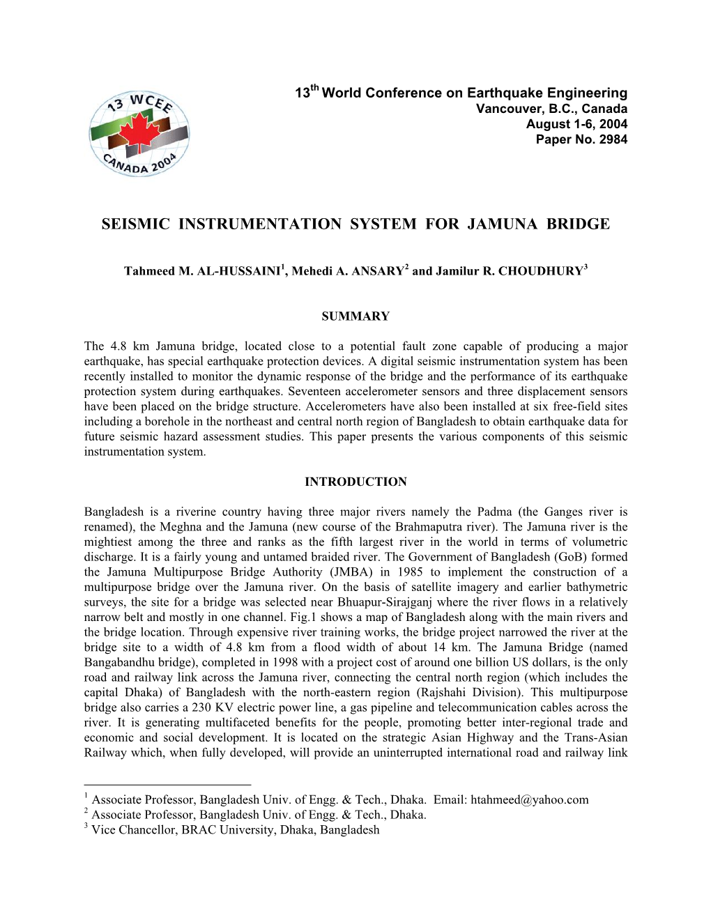 Seismic Instrumentation System for Jamuna Bridge