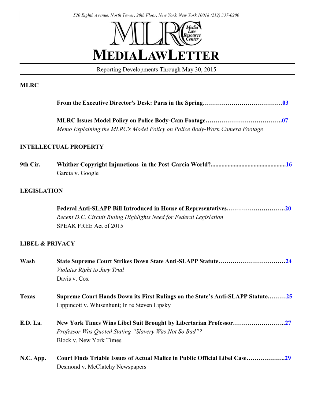 MEDIALAWLETTER Reporting Developments Through May 30, 2015